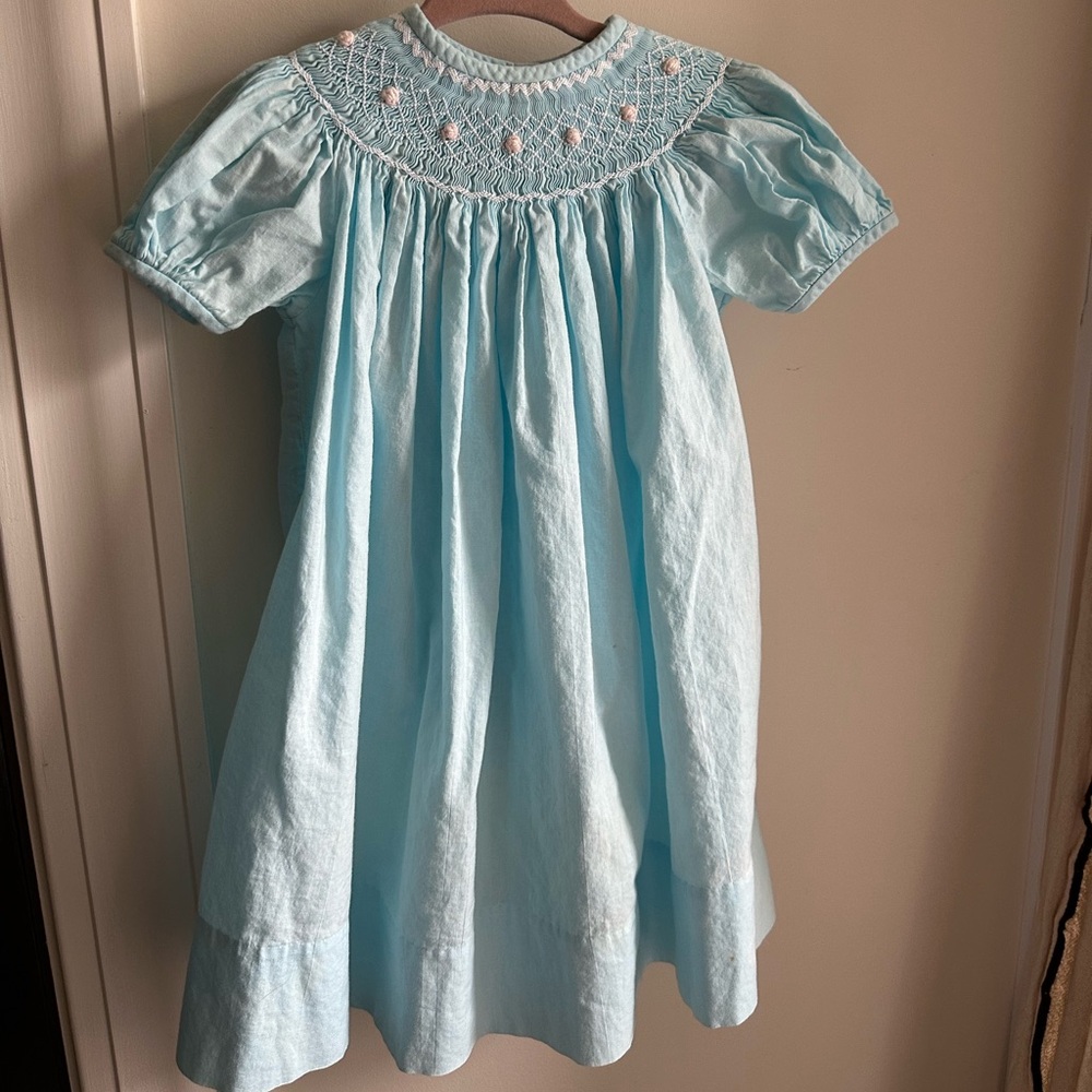 Vintage Strasburg Children Blue Smocked Bishop Dress - Pink Bullion Roses